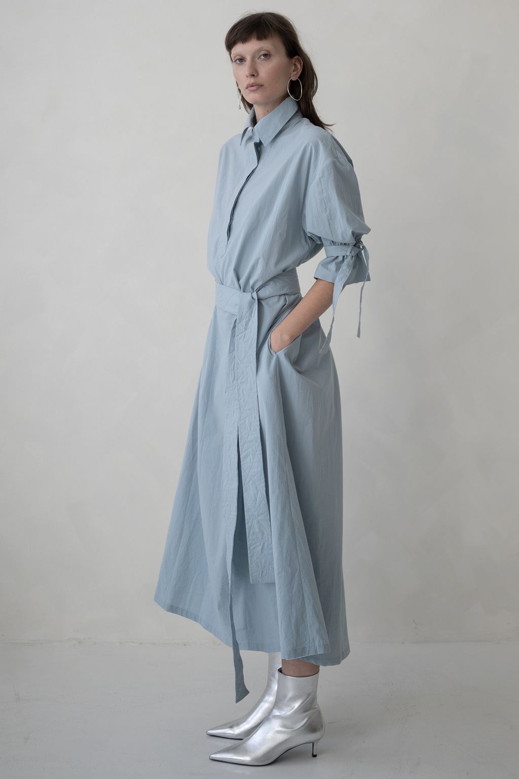 SHIRT DRESS MAXI WITH SHORT SLEEVE - PALE BLUE