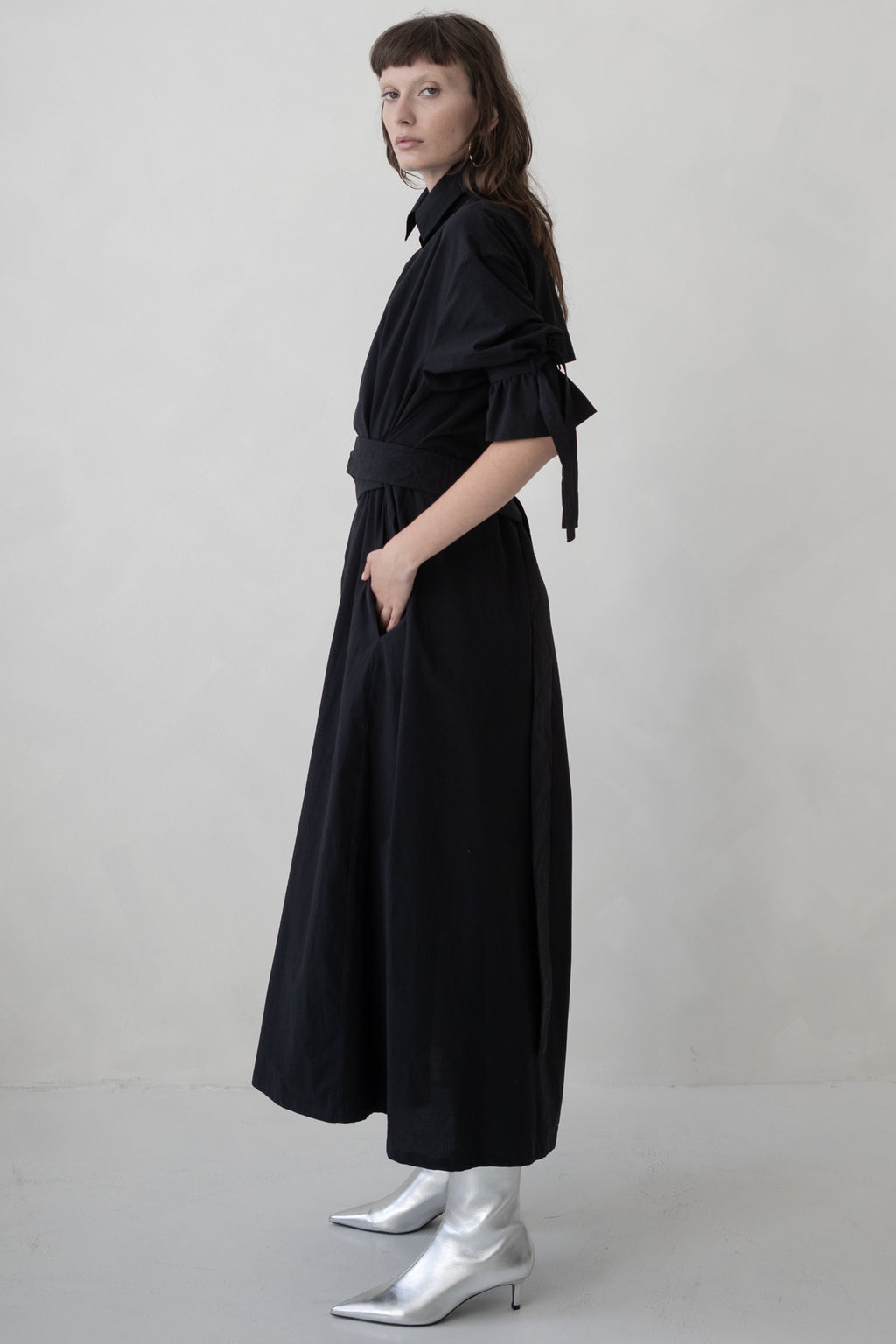 SHIRT DRESS MAXI WITH SHORT SLEEVE - BLACK
