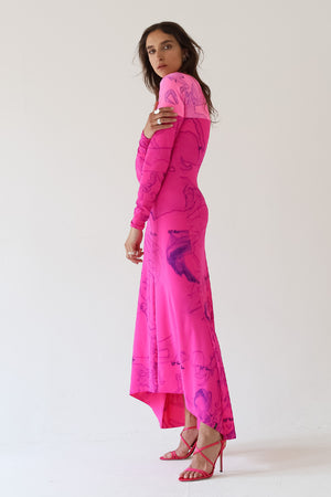 NEON LONG SLEEVE DRESS - NEON PINK-FUCHSIA PRINT