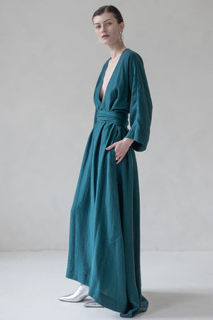 TIE WRAP DRESS V NECK WITH TRAIL (PEACOCK GREEN)