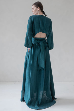 TIE WRAP DRESS V NECK WITH TRAIL (PEACOCK GREEN)