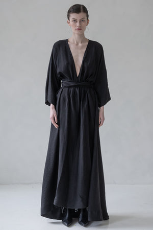 TIE WRAP DRESS V NECK WITH TRAIL (BLACK)