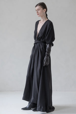 TIE WRAP DRESS V NECK WITH TRAIL (BLACK)