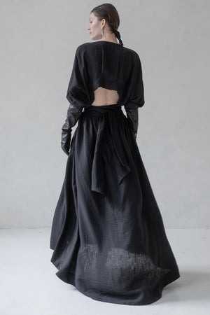 TIE WRAP DRESS V NECK WITH TRAIL (BLACK)