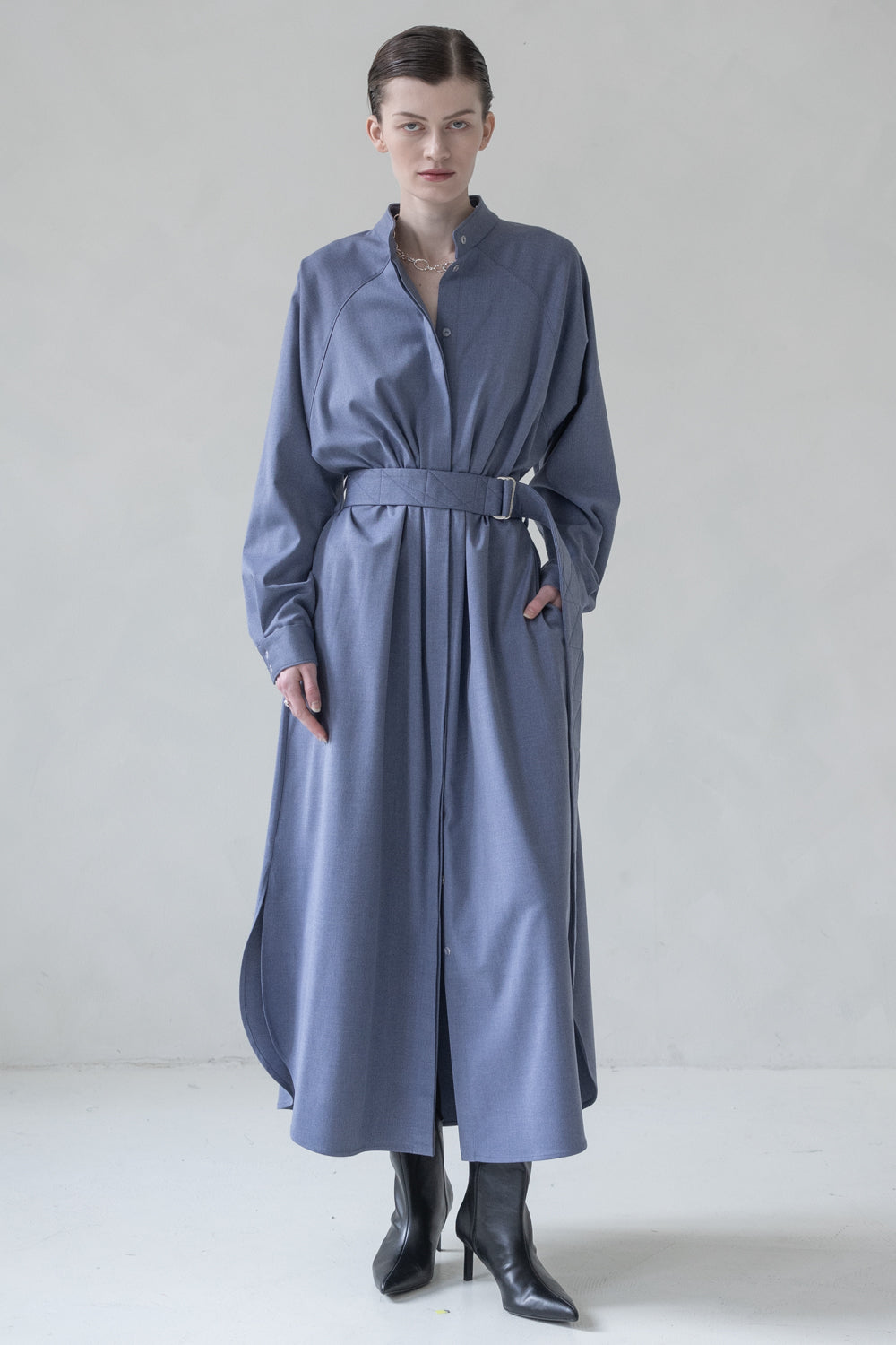 SHIRT DRESS WITH LONG SLEEVES MAXI (BLUE MELANGE)