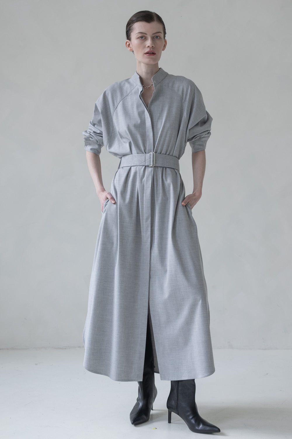 SHIRT DRESS WITH LONG SLEEVES MAXI (GREY MELANGE, TURQUOISE )