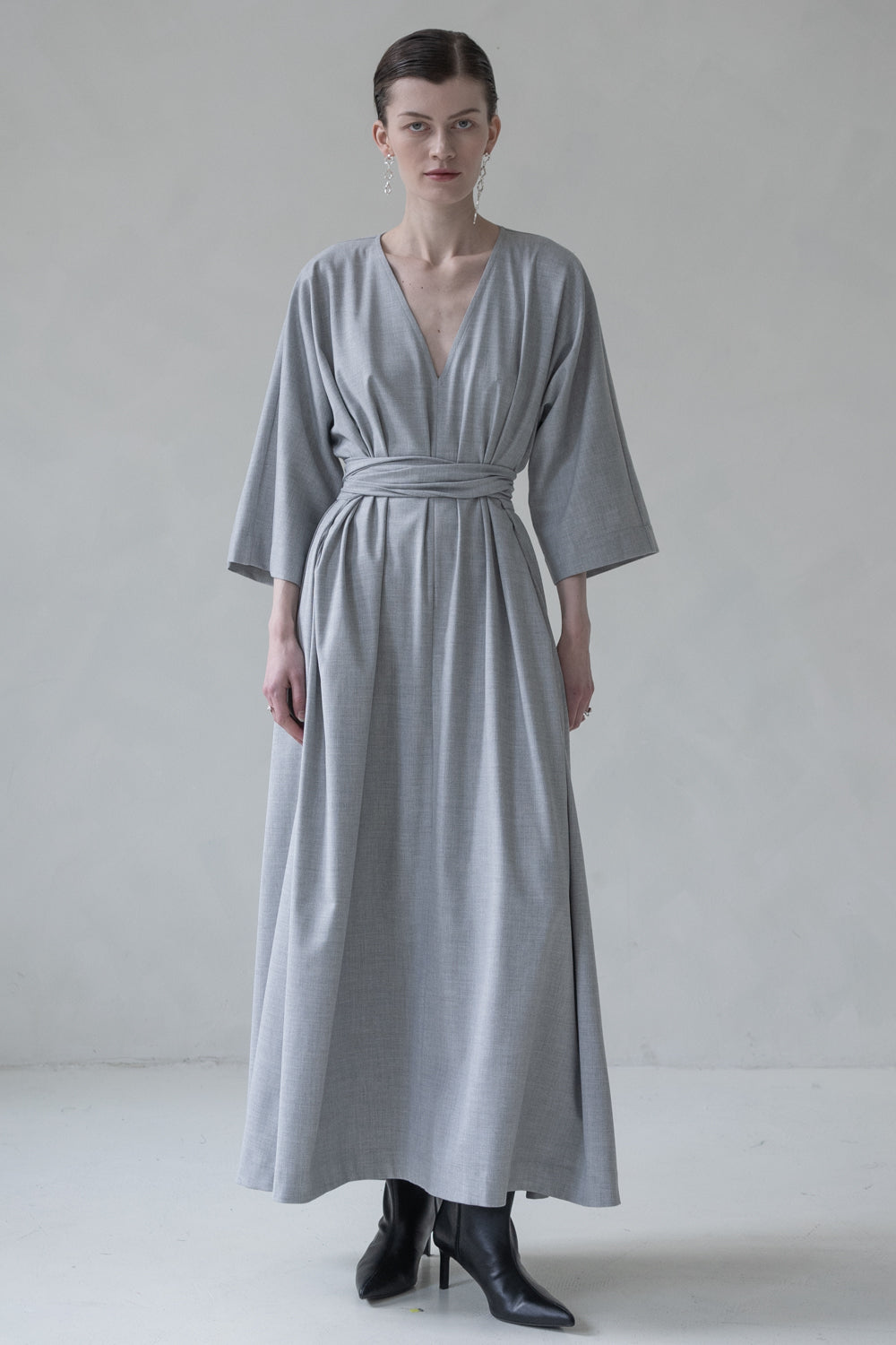 V NECK TIE DRESS MAXI OPEN BACK (GREY MELANGE)