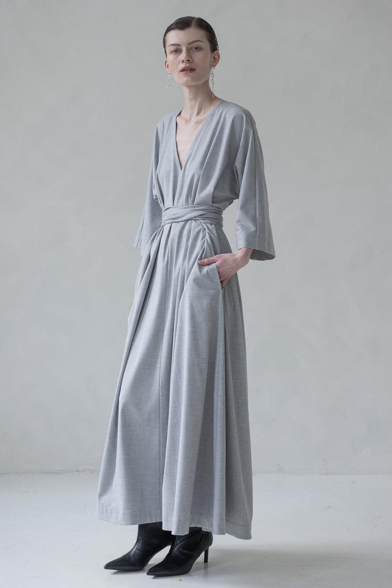 V NECK TIE DRESS MAXI OPEN BACK (GREY MELANGE)