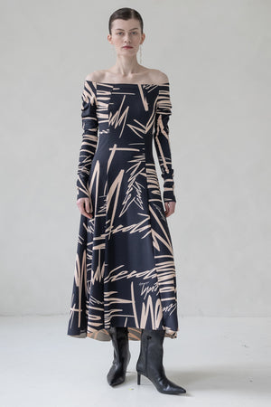 MIDI DRESS WITH PRINT (BLACK/BEIGE)