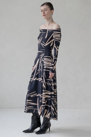 MIDI DRESS WITH PRINT (BLACK/BEIGE)