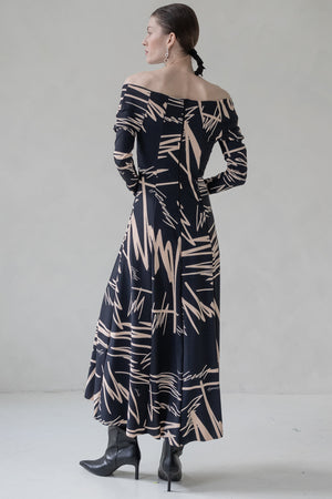 MIDI DRESS WITH PRINT (BLACK/BEIGE)