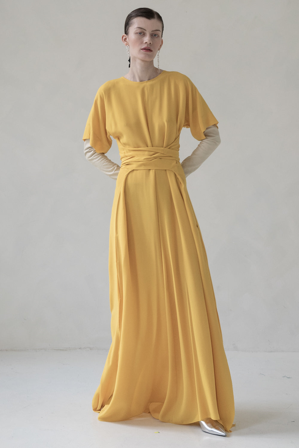 MAXI SILK DRESS WITH TIE (YELLOW)