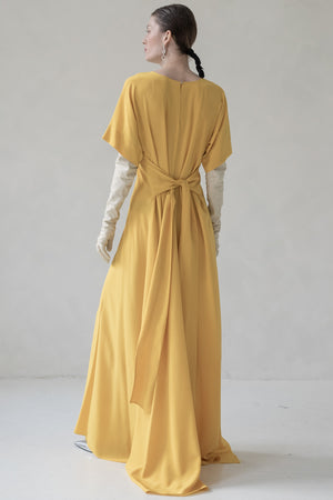 MAXI SILK DRESS WITH TIE (YELLOW)