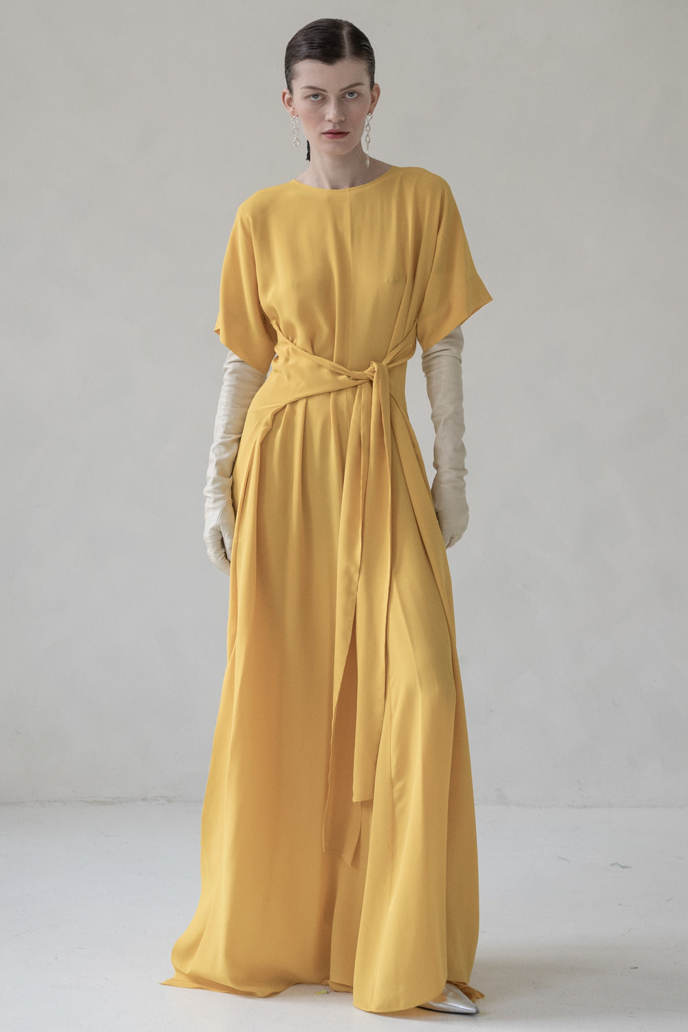 MAXI SILK DRESS WITH TIE (YELLOW)