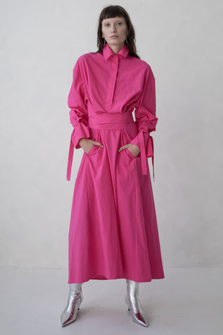 SILK SHIRT DRESS WITH LONG SLEEVES  (BLACK, RED, BLUE)