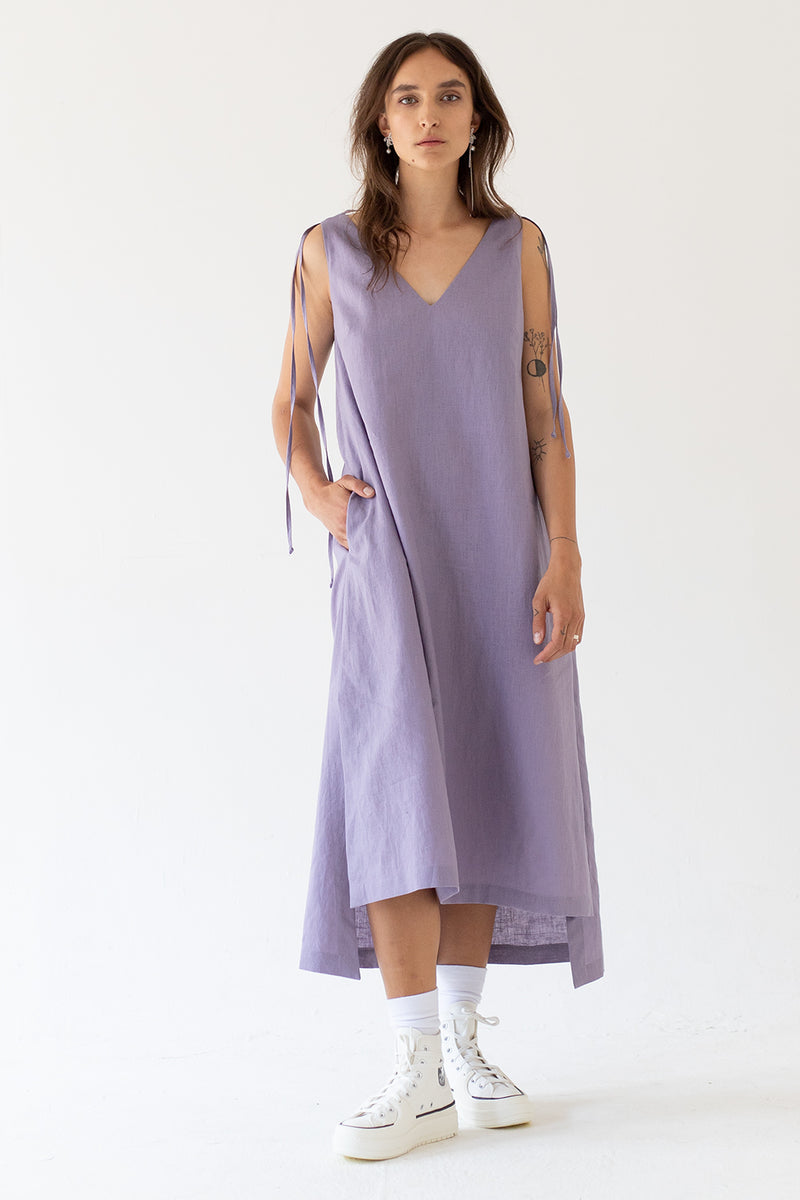 V NECK LINEN DRESS - LAVENDER