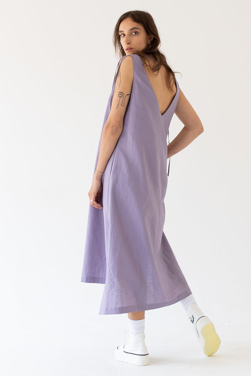 V NECK LINEN DRESS - LAVENDER