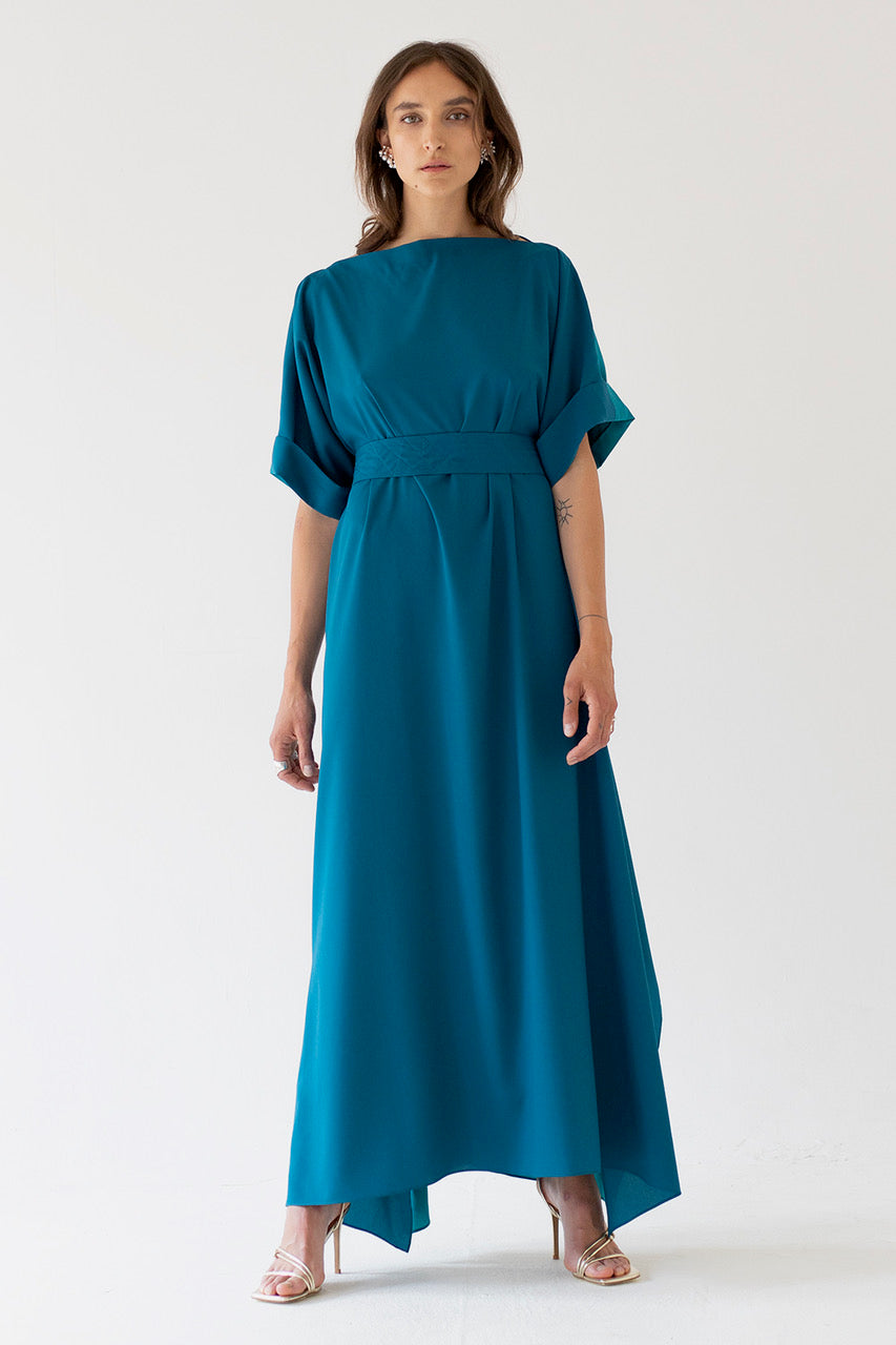 SILK DRESS KNOT LONG PETROL