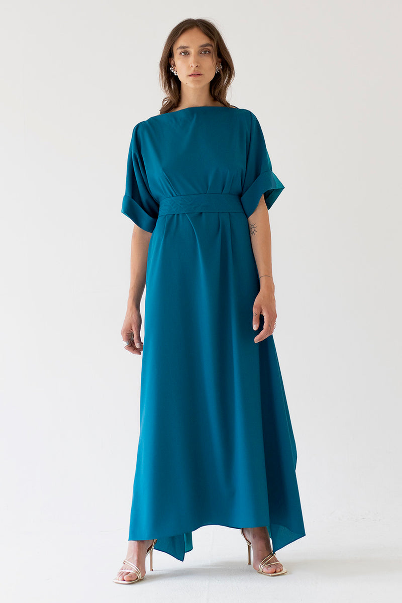 SILK DRESS KNOT LONG PETROL