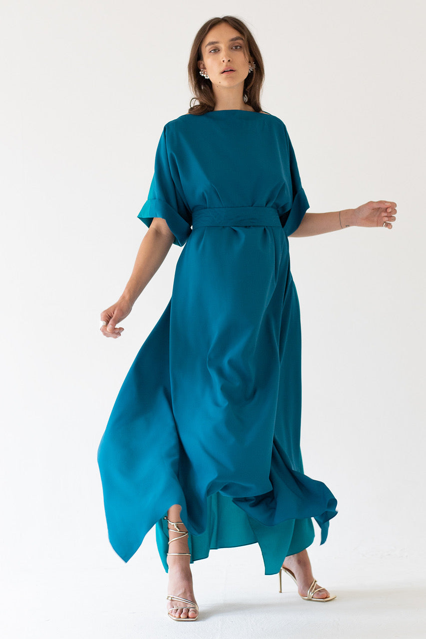 SILK DRESS KNOT LONG PETROL