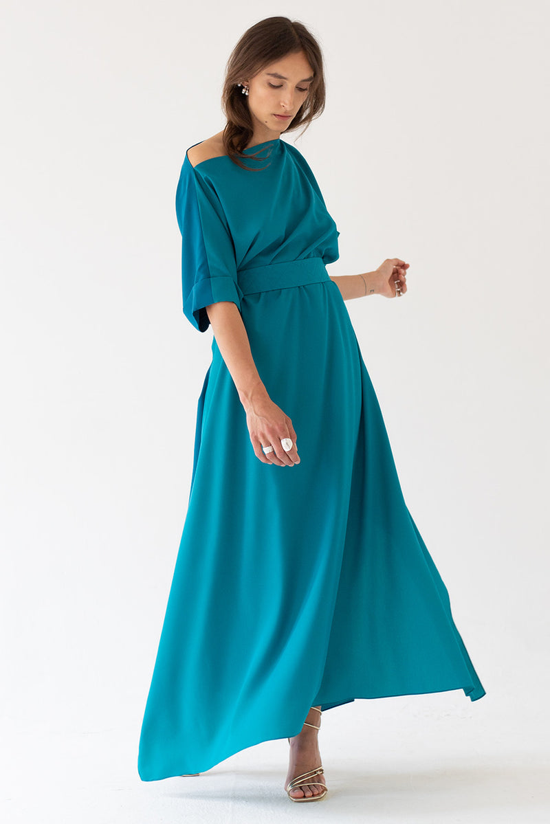 SILK DRESS KNOT LONG PETROL