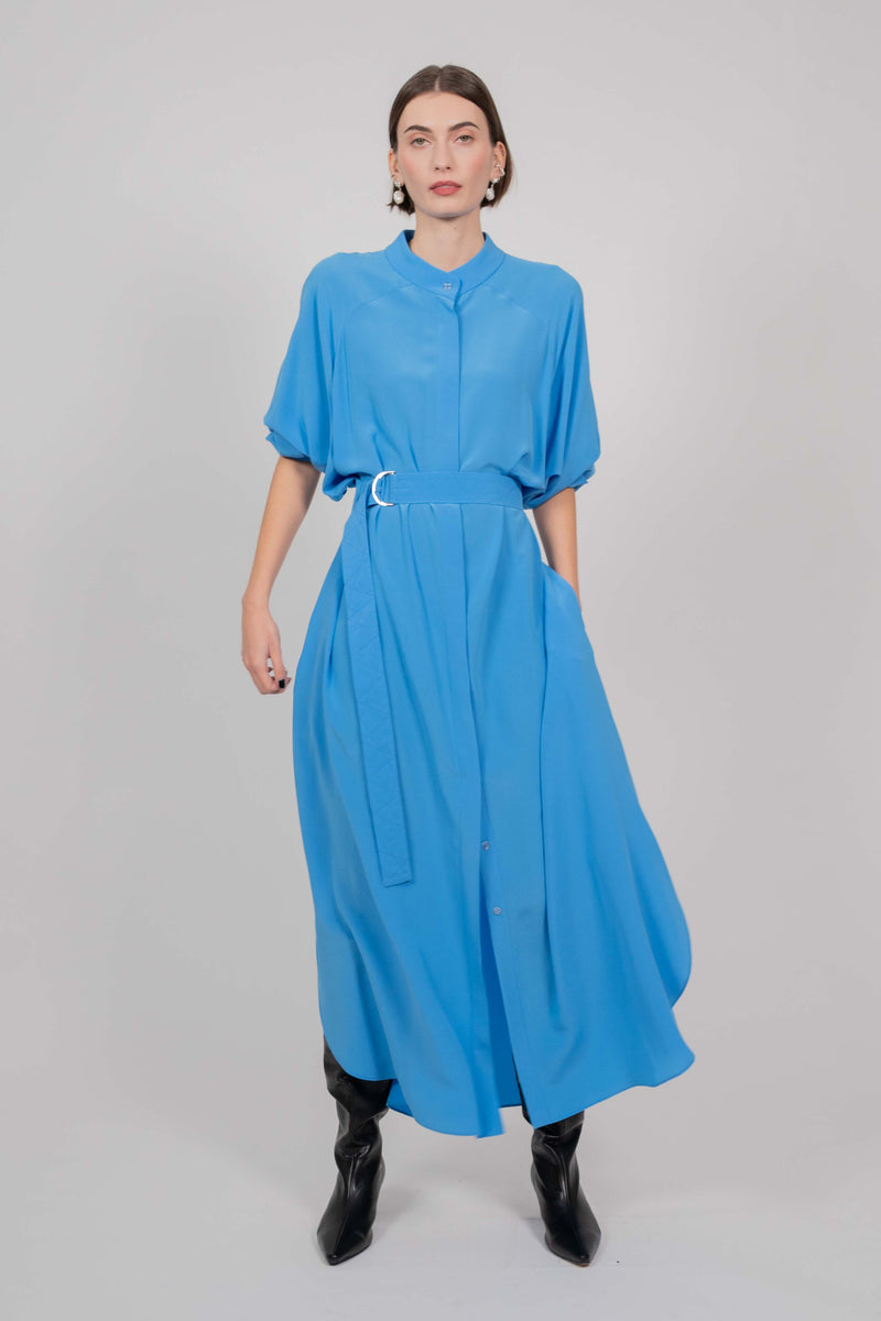 SILK SHIRT DRESS WITH LONG SLEEVES (SKY BLUE)