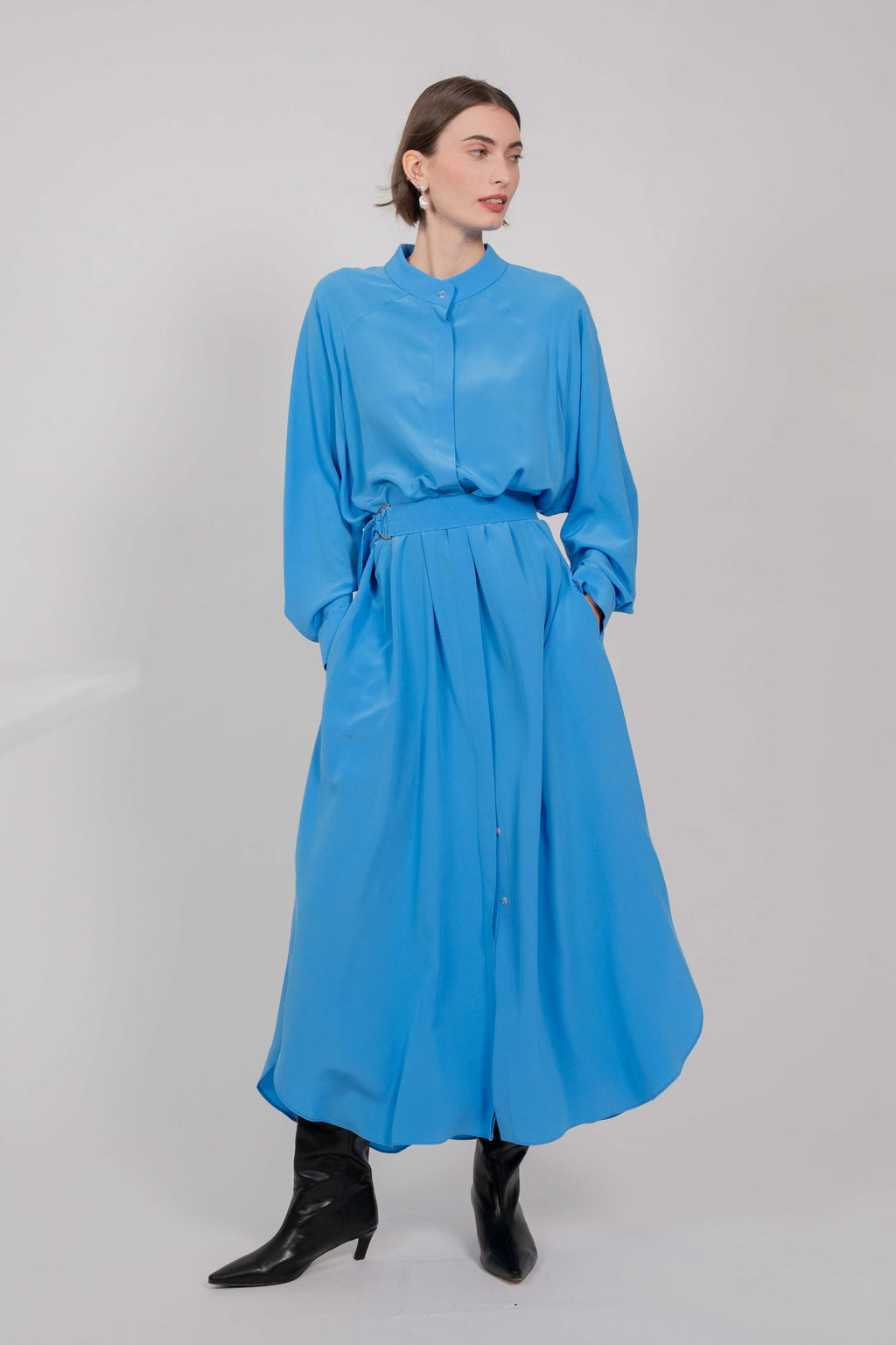 SILK SHIRT DRESS WITH LONG SLEEVES (SKY BLUE)
