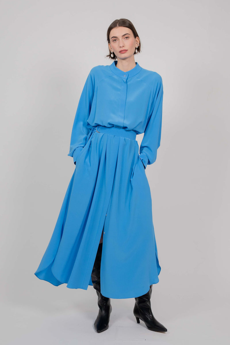 SILK SHIRT DRESS WITH LONG SLEEVES (SKY BLUE)