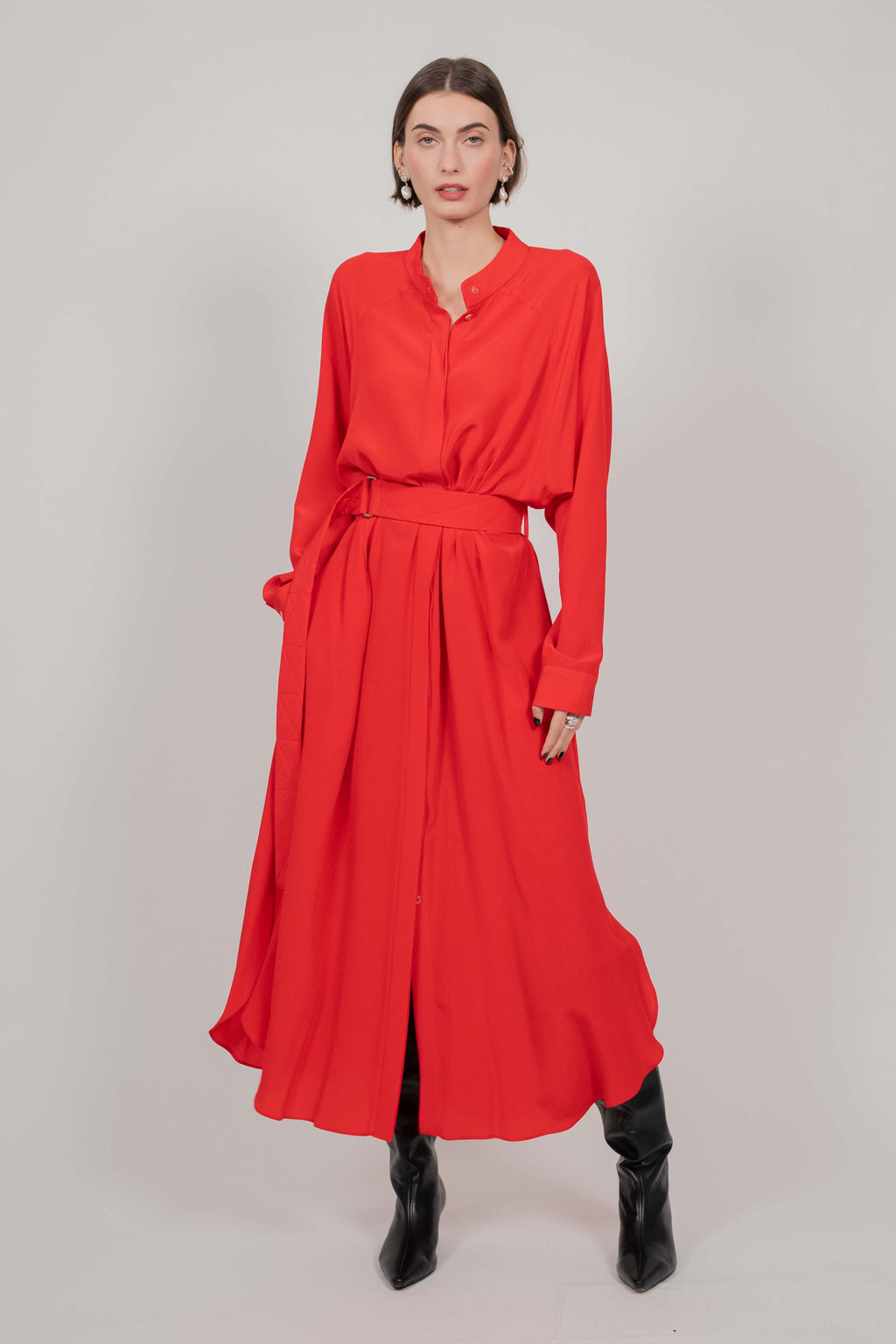 SILK SHIRT DRESS WITH LONG SLEEVES (RED)