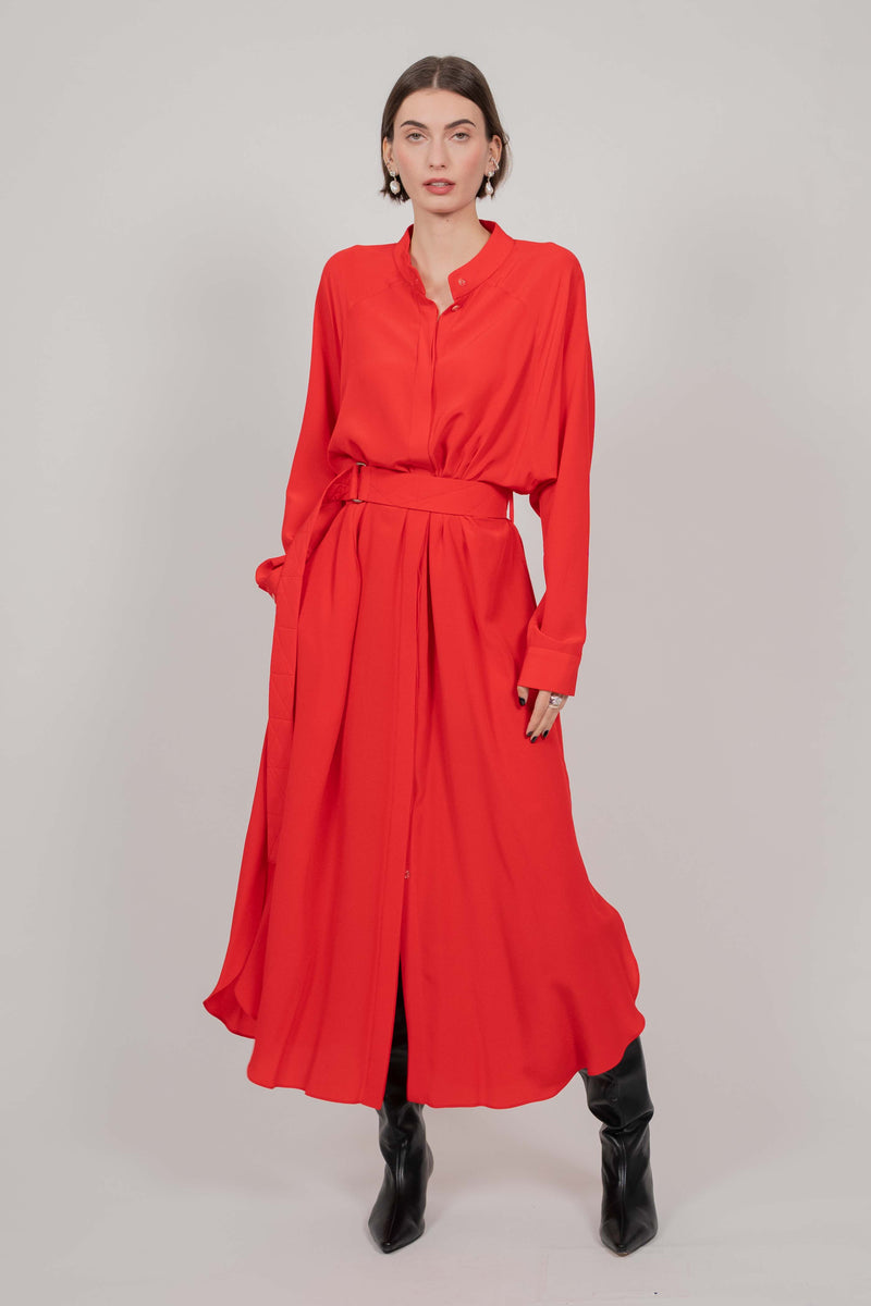 SILK SHIRT DRESS WITH LONG SLEEVES (RED)