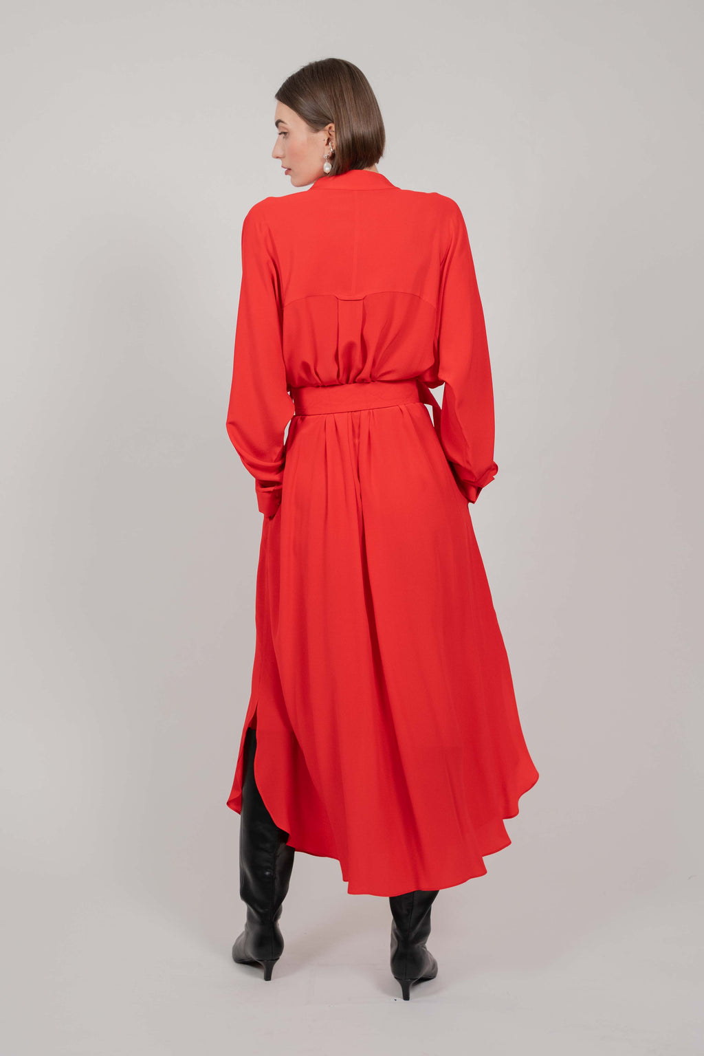 SILK SHIRT DRESS WITH LONG SLEEVES (RED)