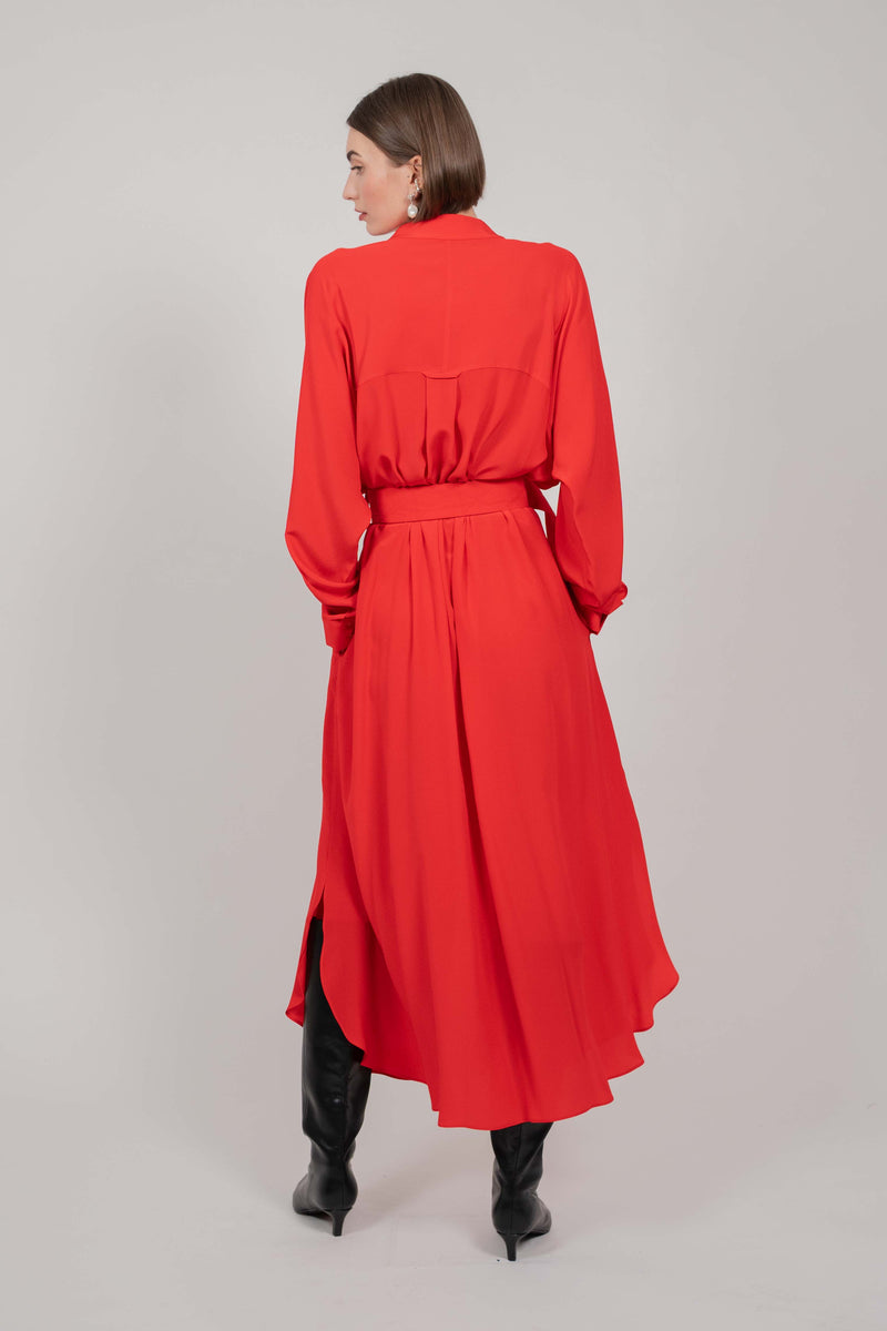 SILK SHIRT DRESS WITH LONG SLEEVES (RED)