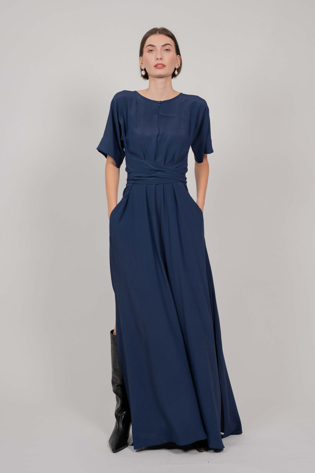 SILK DRESS WITH TIE - NAVY BLUE