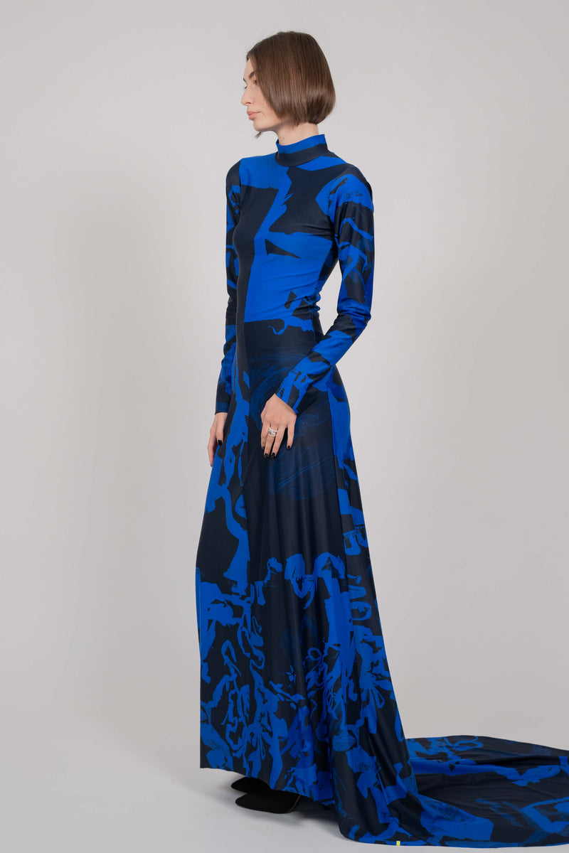 ELASTIC DRESS WITH LONG SLEEVES AND TRAIN (BLUE PRINT)