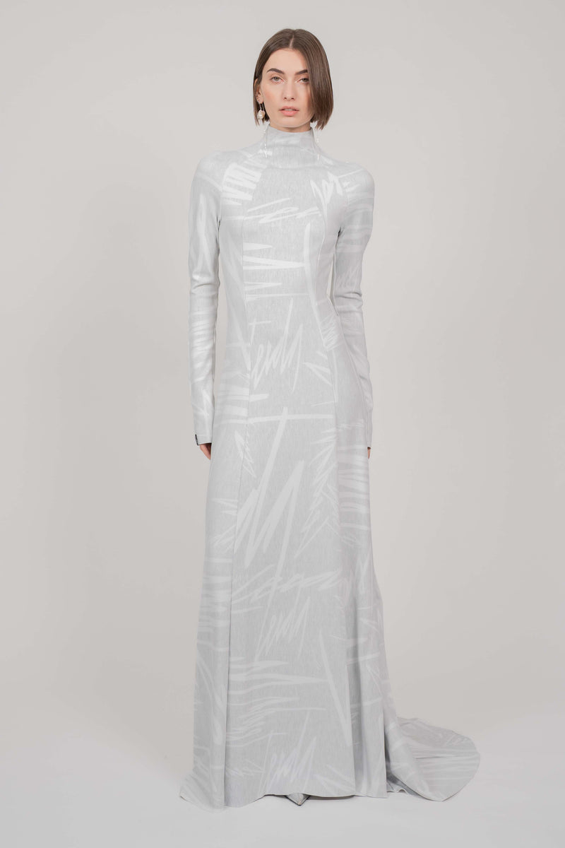 ELASTIC DRESS WITH LONG SLEEVES MAXI (GREY PRINT)