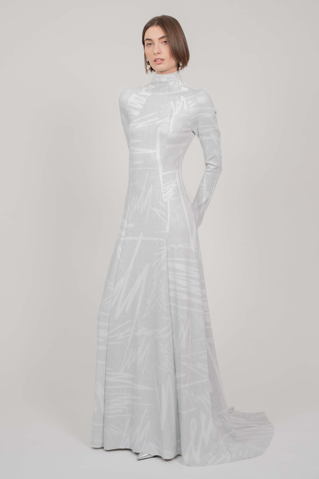 ELASTIC DRESS WITH LONG SLEEVES MAXI (GREY PRINT)