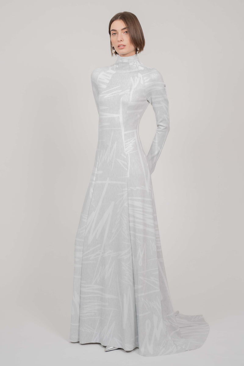 ELASTIC DRESS WITH LONG SLEEVES MAXI (GREY PRINT)