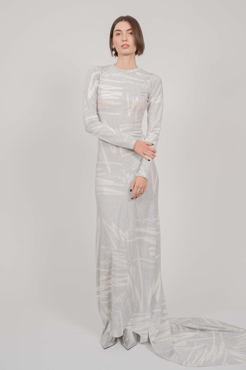 GREY PRINT SIMPLE DRESS LONG