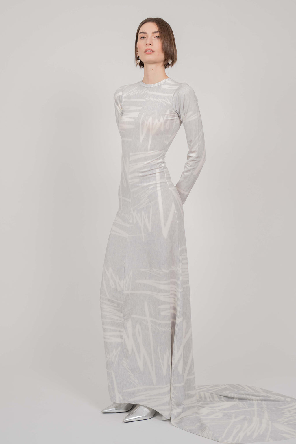 GREY PRINT SIMPLE DRESS LONG