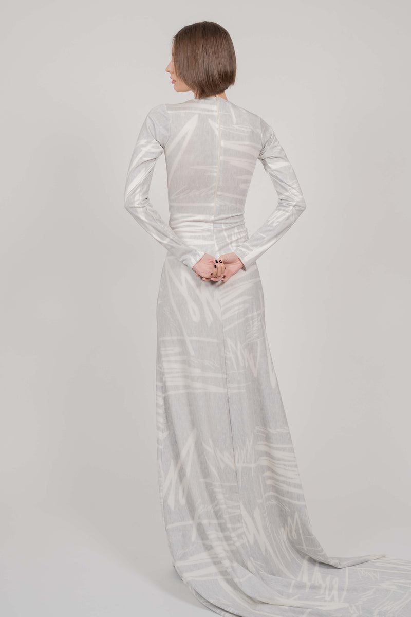 GREY PRINT SIMPLE DRESS LONG