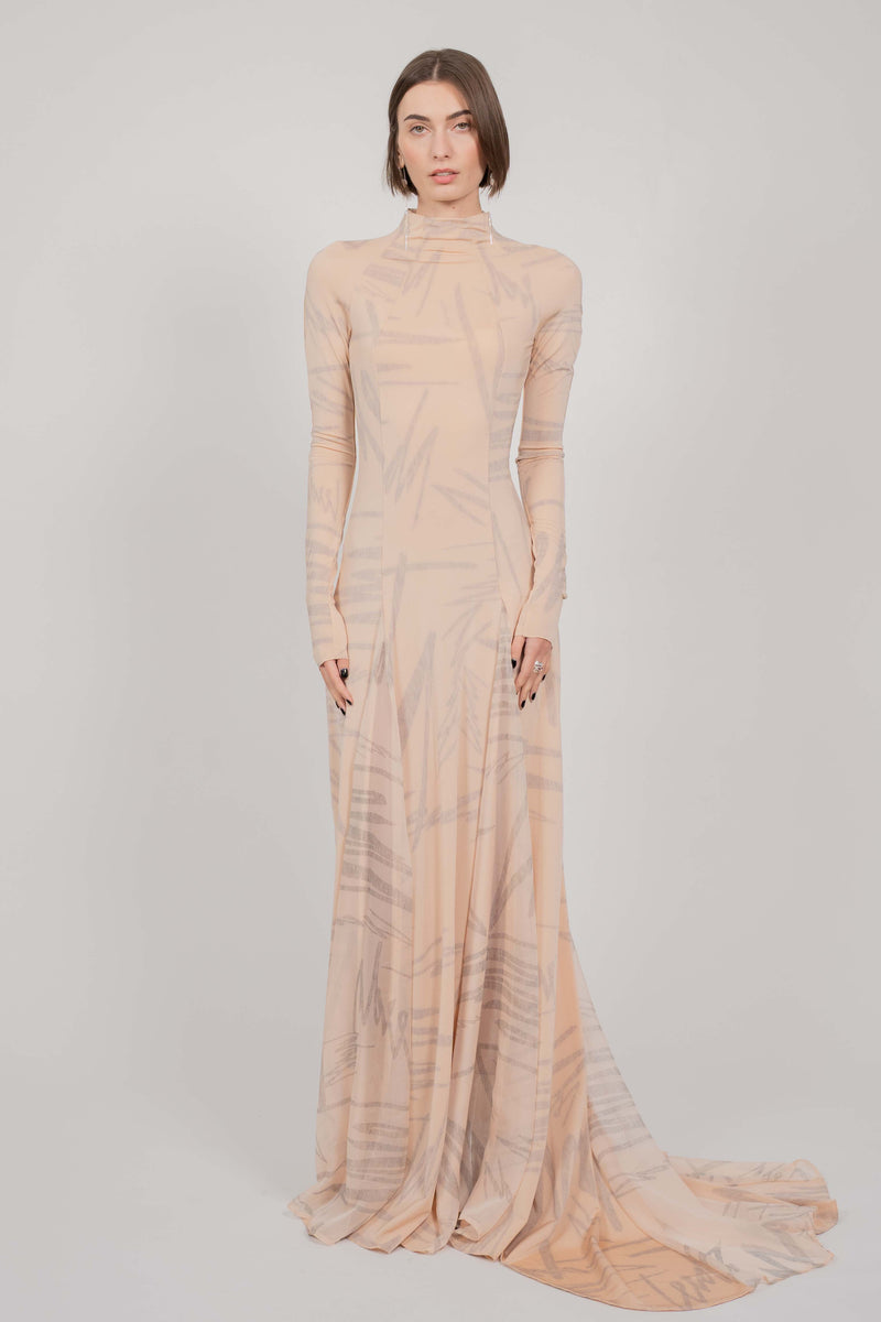 BEIGE PRINT DRESS LONG