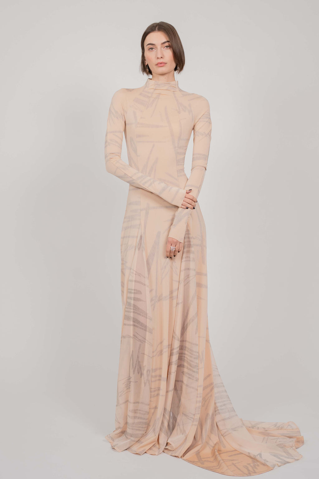 BEIGE PRINT DRESS LONG