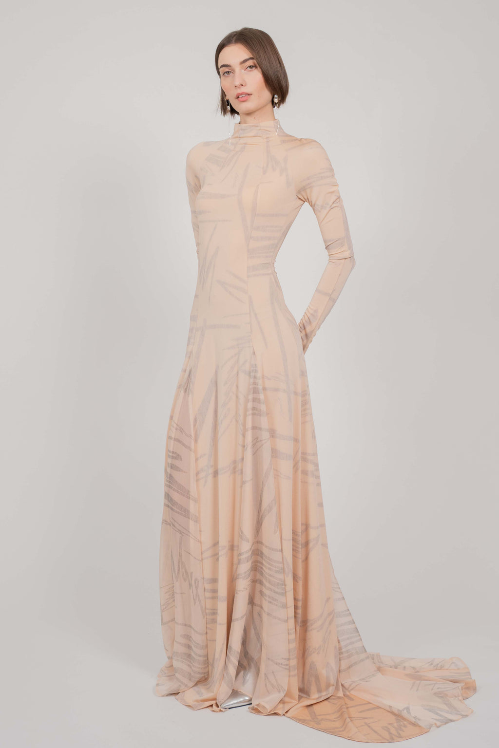 BEIGE PRINT DRESS LONG