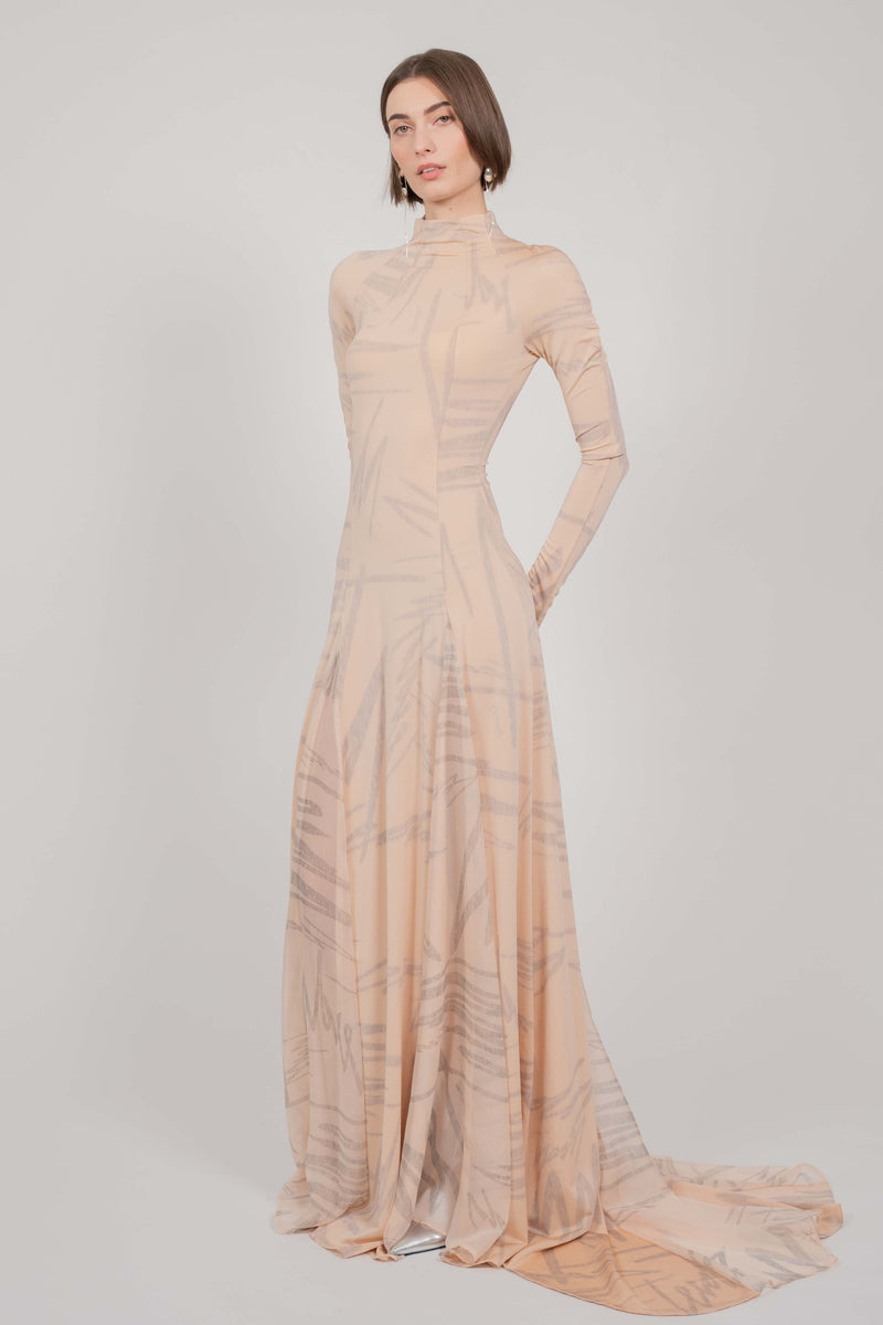 BEIGE PRINT DRESS LONG
