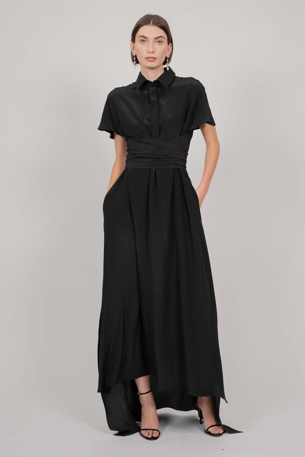 SHIRT TIE SILK DRESS WITH TRAIN (BLACK)