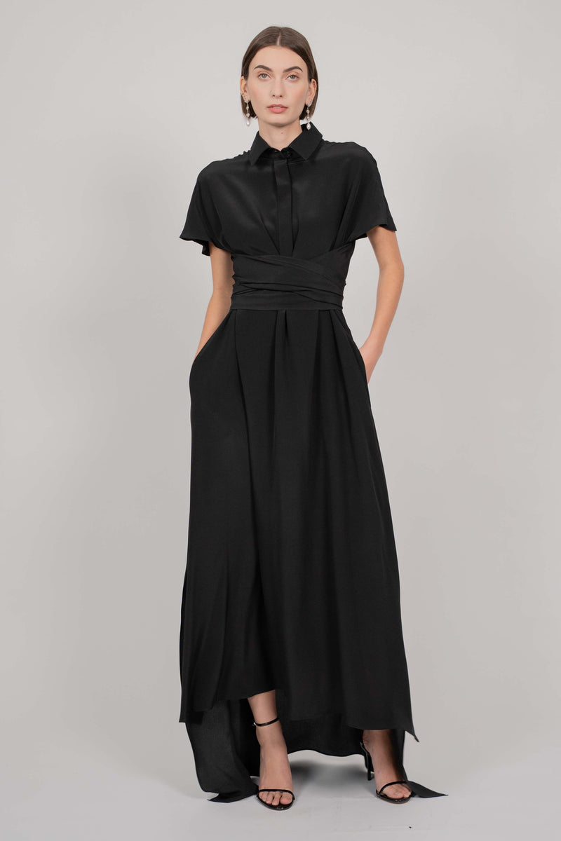 SHIRT TIE SILK DRESS WITH TRAIN (BLACK)