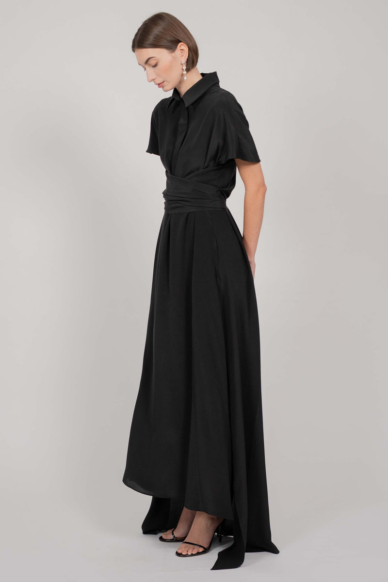 SHIRT TIE SILK DRESS WITH TRAIN (BLACK)
