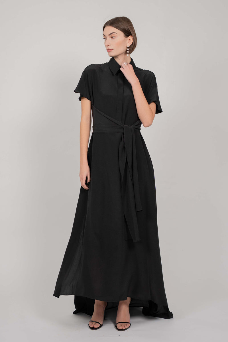 SHIRT TIE SILK DRESS WITH TRAIN (BLACK)