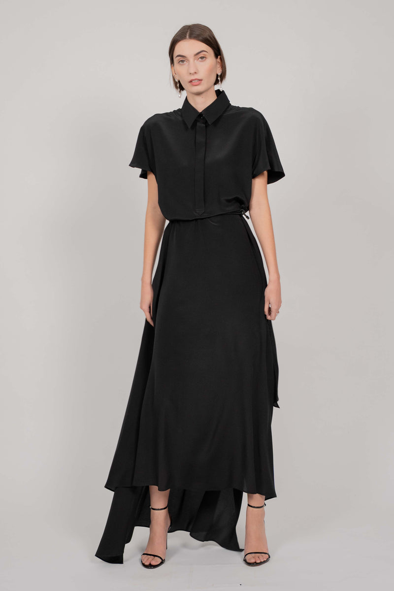 SHIRT TIE SILK DRESS WITH TRAIN (BLACK)