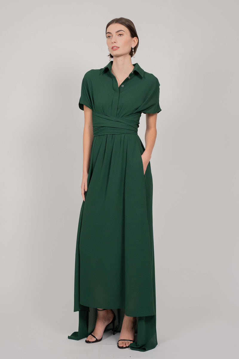 SHIRT TIE DRESS WITH TRAIN (GREEN)
